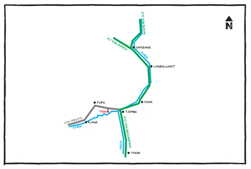 Gezeichnete Übersichtskarte: die Autobahnen A3 von Zürich und E43 von Buchs treffen sich bei Sargans, weiter über Landquart nach Chur und Tamins, von dort nach Trin. Eingezeichnet sind auch Flims, Ilanz, Disentis, Thusis und der Verlauf des Rheins