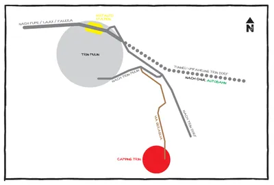 Gezeichnete Karte des letzten Stücks: von der Postauto-Station Trin Mulin und vom Umfahrungstunnel führt die Via Geraglia zum Campingplatz